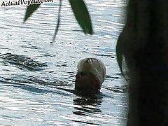 3 movies - Summer riverside undressing and nude swimming of sexy blonde girl caught on a spy camera